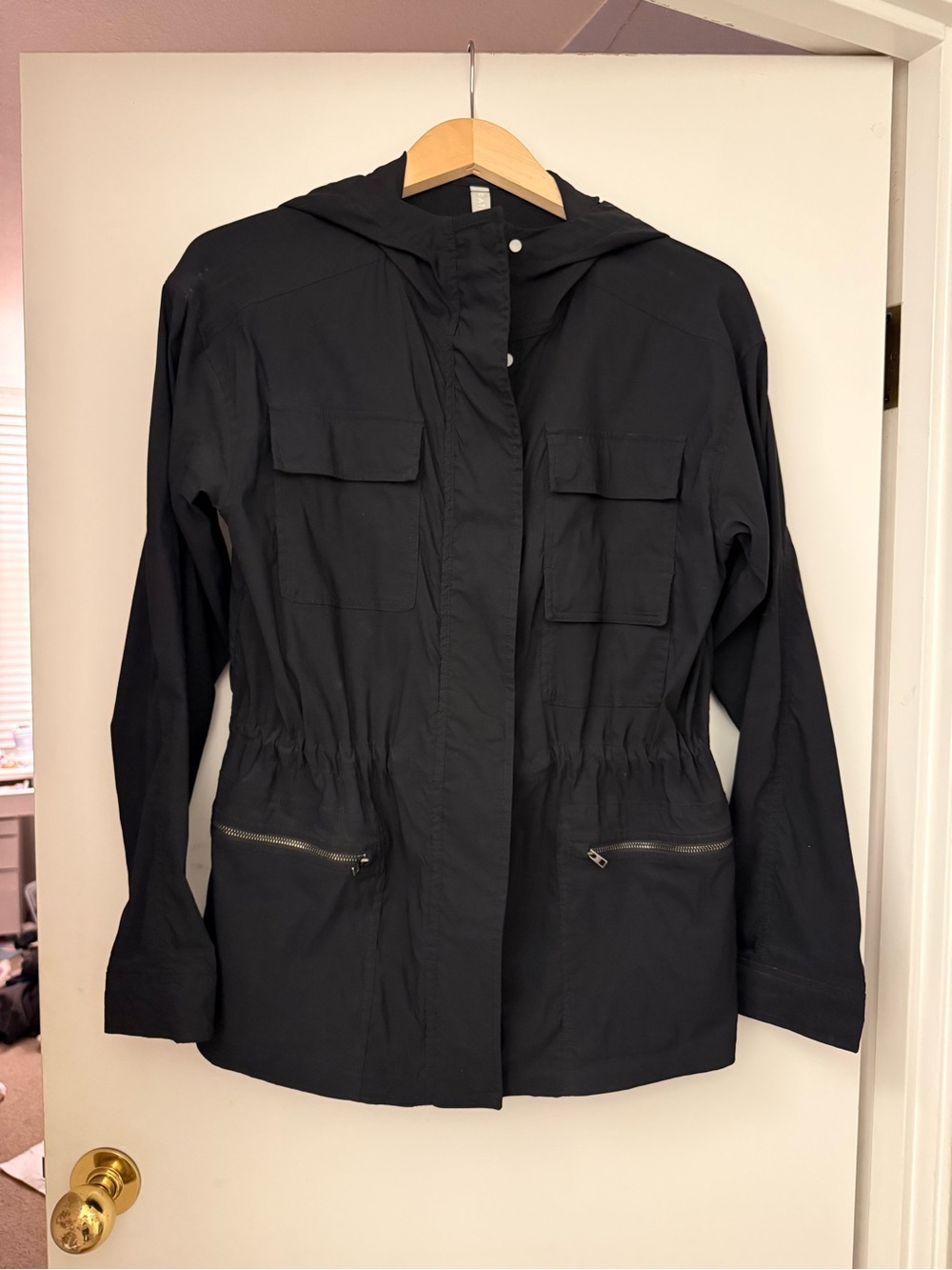 Athleta Black Hooded Utility Jacket with Snap Details